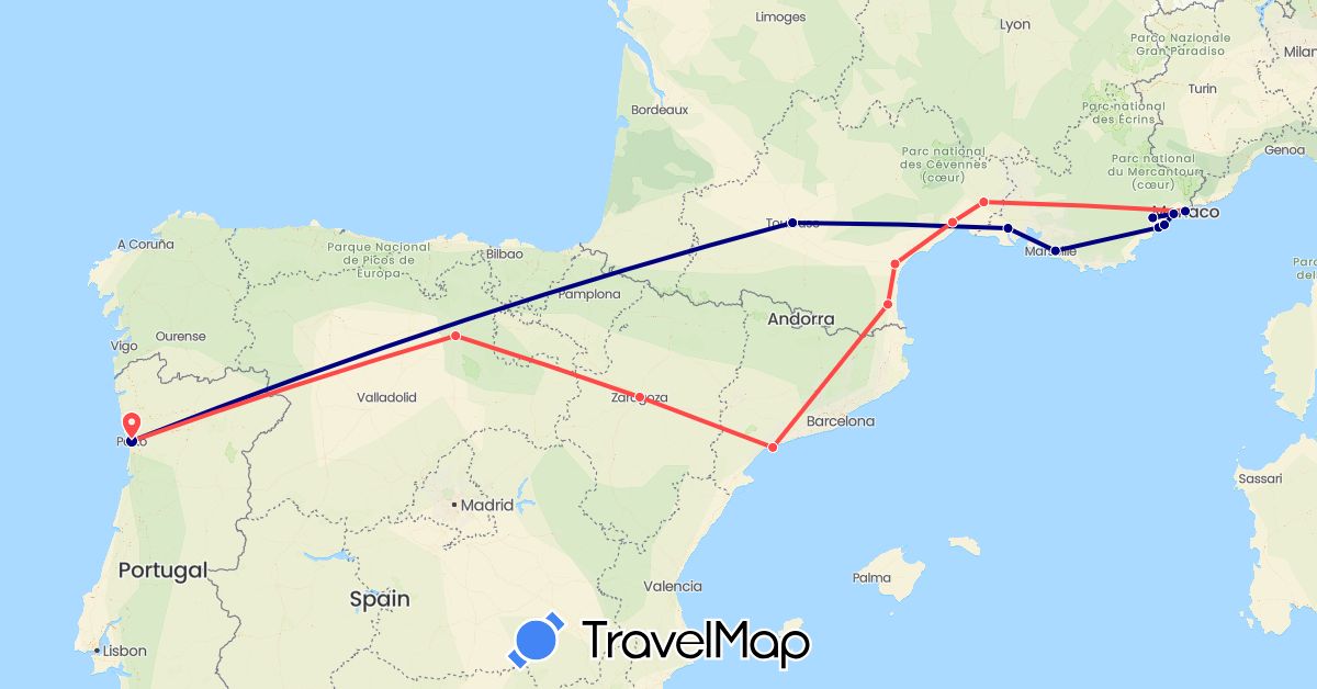 TravelMap itinerary: driving, hiking in Spain, France, Monaco, Portugal (Europe)